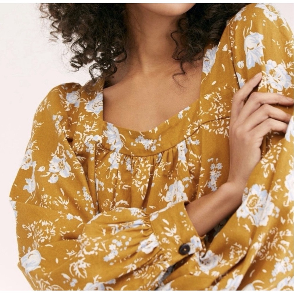 Free People L Just My Type Mustard Floral Top Open Tie Back Square Neck Blouse